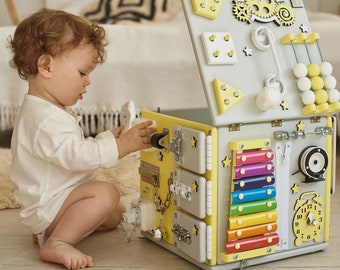 Wooden activity cube, busy cube, busy board, play cube, travel busy cube, mini cube, busy cube for toddler with storage