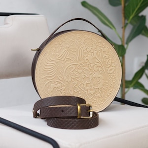 Personalized Round Leather Crossbody Bag: Handmade Brown Purse