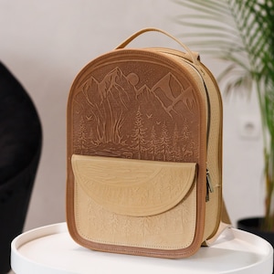 Leather women Backpack, Personalized leather Backpack, Leather Rucksack, Backpack with embossed mountains