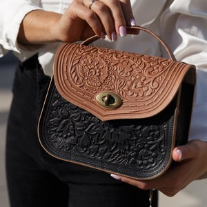 Leather Shoulder Bag: Handmade Embossed Calf Leather Handbag