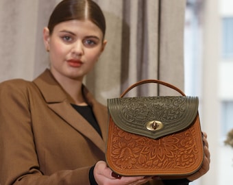 Handmade Leather Crossbody Bag: Floral Tooled Satchel, Adjustable Strap