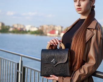 Black leather bag |  Wooden handbag | Shoulders wooden bags | Cross body  purse | Women gifts | Handmade leather bag