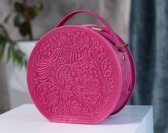 Pink Leather bag, round leather handbags, crossbody bag, gift for her, Shoulder Bag