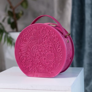 Pink Leather bag, round leather handbags, crossbody bag, gift for her, Shoulder Bag