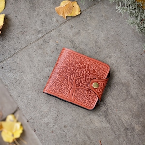 Cartera de piel con forma de ladrillo personalizada con árbol, cartera vintage de piel, cartera fina de piel, cartera vertical de regalo para mamá