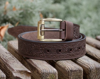 Embossed Brown Leather Belt: Handmade Floral Pattern 