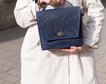 Handmade Blue Leather Crossbody Bag: Embossed Landscape Purse