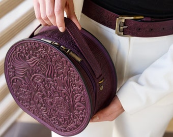 leather bag, leather bag handmade, shoulder bag, women leather bag, gift for her, round purple bag