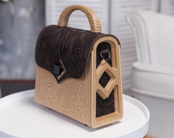 Wooden leather bag Natural leather handbag Shoulders wooden bags Women’s purse Women gifts Handmade leather bag