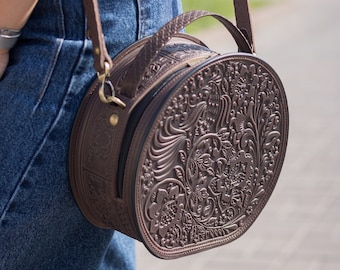 Brown leather Bag, Round Bag, Crossbody Round Purse, Gift, Handbag Women, Unique Women Bags