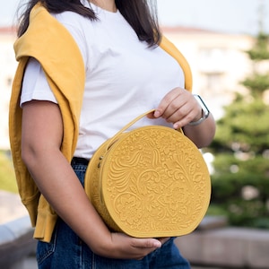Runde Umhängetasche | Reißverschluss Gelbe Tasche | Ledertaschen Handmade | Damen Leder Geldbeutel | Umhängetasche | Einzigartiges Geschenk