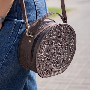 Handcrafted Brown Leather Round Crossbody Purse - Unique Women&#39;s Handbag with Handles - Gift for Her