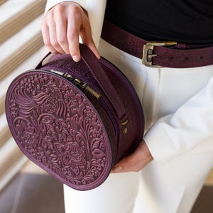 leather bag, leather bag handmade, shoulder bag, women leather bag, gift for her, round purple bag