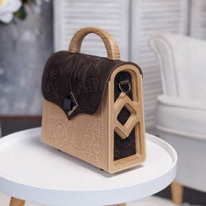 Wooden leather bag Natural leather handbag Shoulders wooden bags Women’s purse Women gifts Handmade leather bag