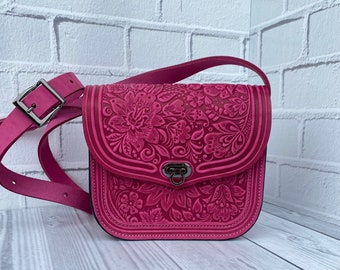 Pink leather bag, leather handbag, crossbody bag, gift for women