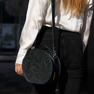 round leather bag, bag with flower embossed, handmade leather round bag, round zipper bag