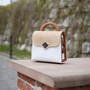 Women Leather bag Wooden bag Shoulders bags Cross body handbag Women gifts Handmade leather bag White leather bag Purse image 1