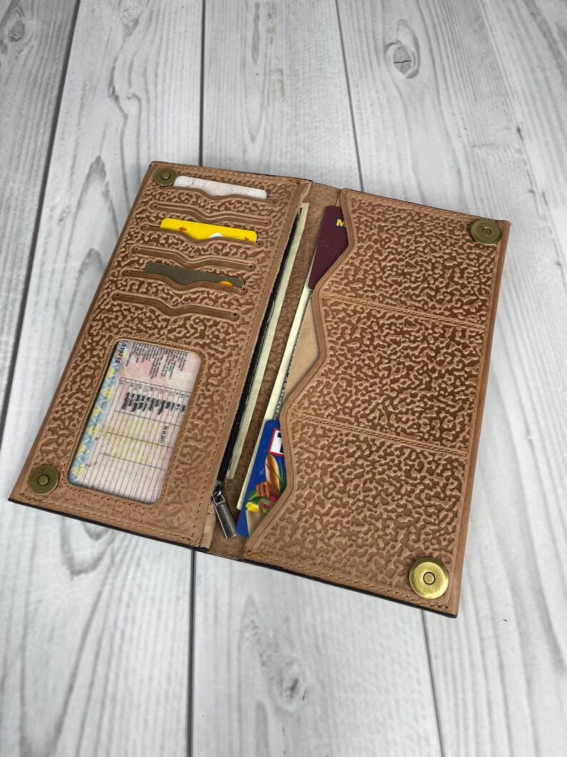 Cartera larga para mujer, Cartera de piel de oliva, Cartera de piel suave, Cartera con monedero, Cartera de mano, Cartera fina imagen 7