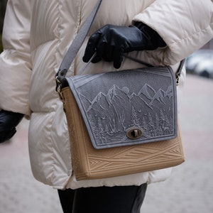 Bag ladies Gray shoulder bag Leather brief case Embossed handbag Leather bag handmade Capacious bag Ukraine shops image 3