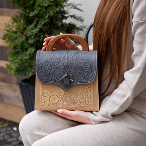 Handcrafted Wooden Handle Leather Crossbody Handbag - Crossbody Purse from Ukraine