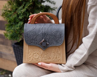 Wooden Leather Bag Natural Leather Handbag Shoulders Wooden Bags rossbody Bag Women Gifts Handmade Leather Bag Etsy
