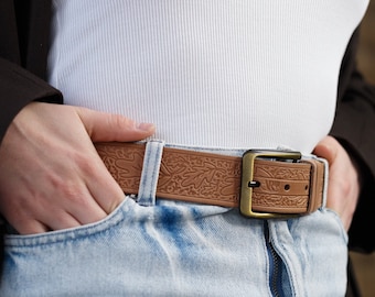 Embossed Beige Leather Belt: Handmade Women's Belt, Brass Buckle