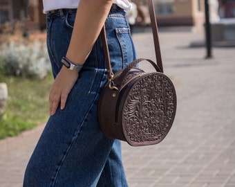Buy Handcrafted Brown Leather Round Crossbody Purse Unique
