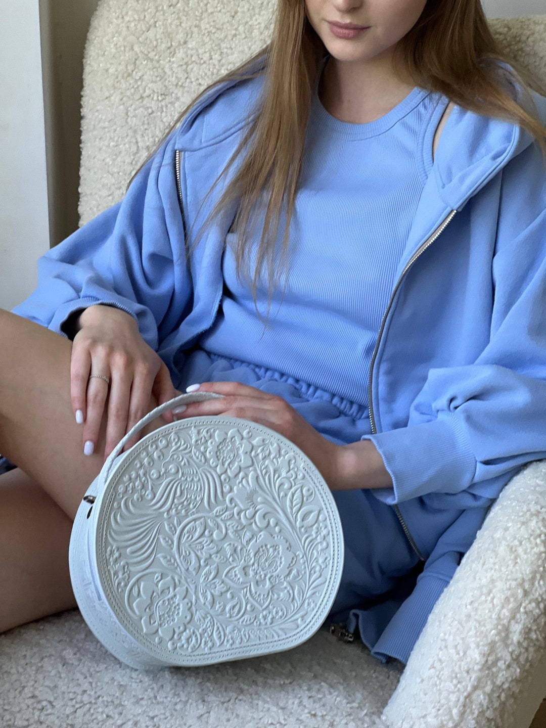 Round Leather Purse, White Shoulder Bag, Women Handmade Bag, Crossbody