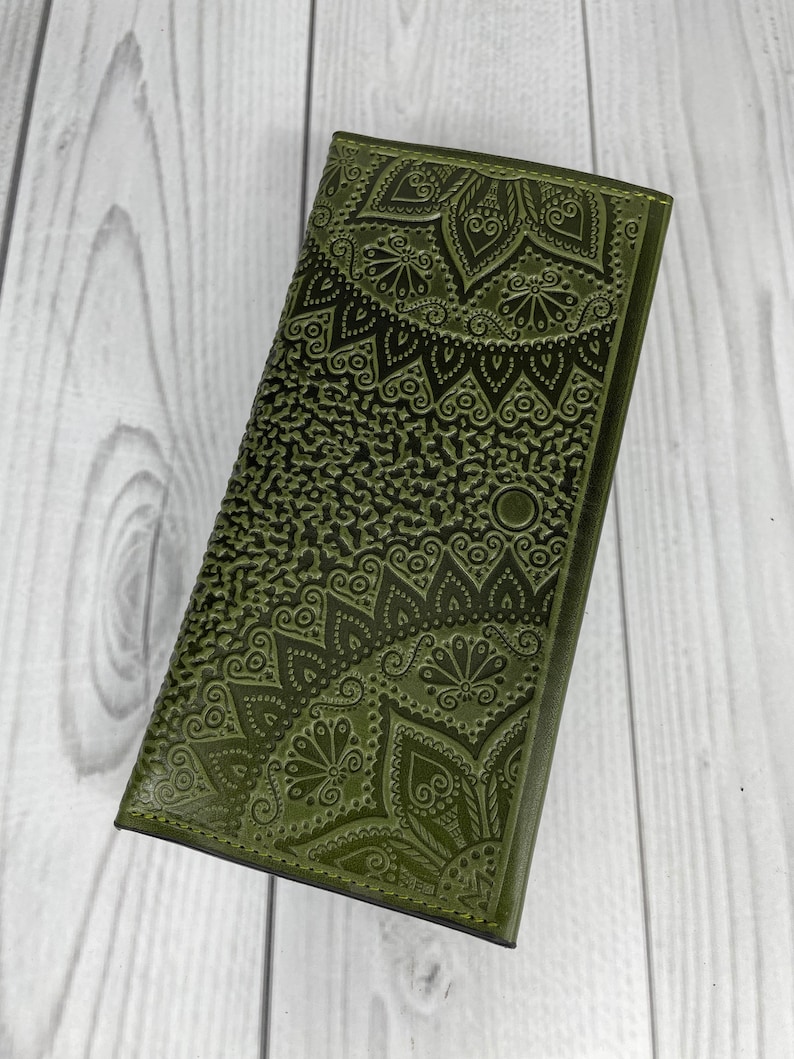 Cartera larga para mujer, Cartera de piel de oliva, Cartera de piel suave, Cartera con monedero, Cartera de mano, Cartera fina imagen 3