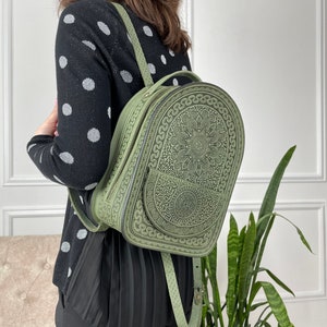 Handmade Olive Leather Backpack: Women&#39;s Personal Laptop Backpack