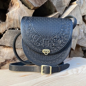 Sac en cuir noir, sac à main artisanal, sac à bandoulière rond, sac à bandoulière, idée cadeau