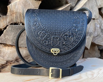 Black leather bag, handcrafted purse, round shoulder bag, crossbody bag, idea gift