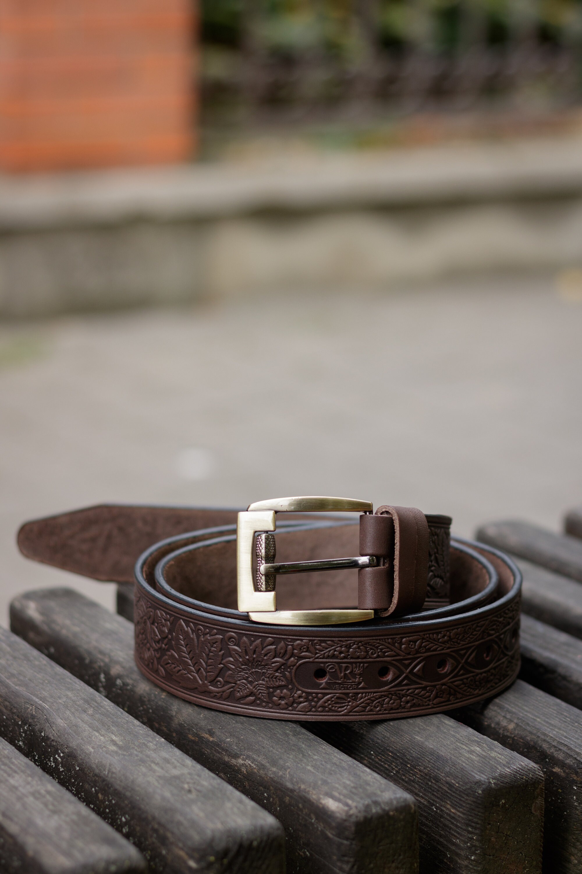 Embossed Brown Leather Belt: Handmade Floral Pattern  display picture 3