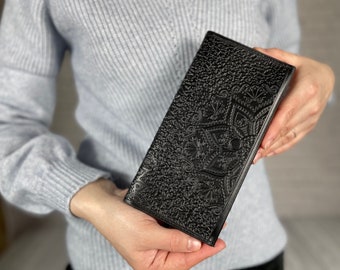 Cartera larga negra, Cartera de cuero, Cartera única para mujer, Regalo para ella, Cartera l hecha a mano, Tienda de regalos, Cartera con personalidad