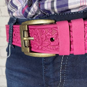 Pink leather belt, genuine leather belt, embossed leather belt, leather belt, unique belt, womens belt image 3