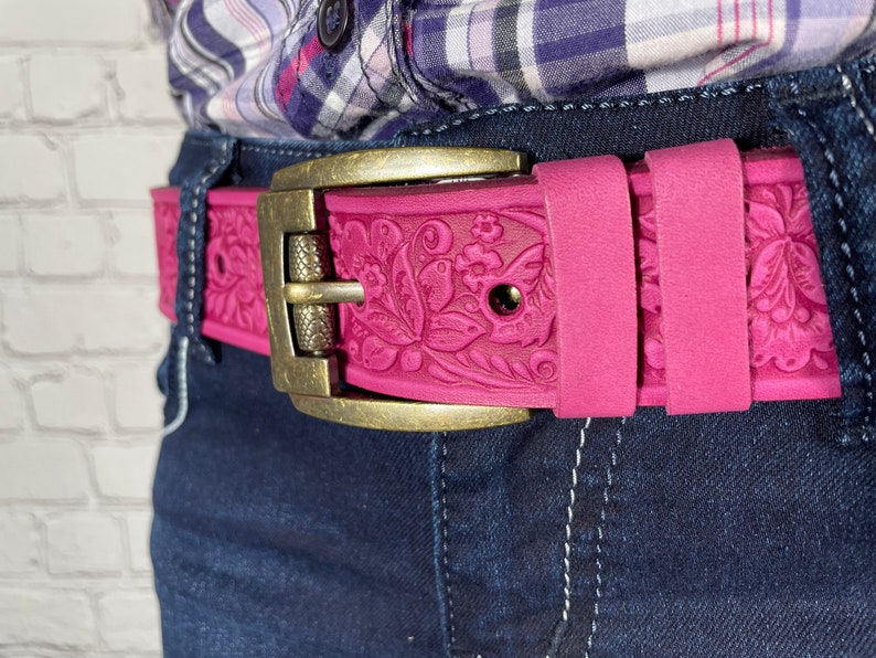 Pink leather belt, genuine leather belt, embossed leather belt, leather belt, unique belt, womens belt image 3