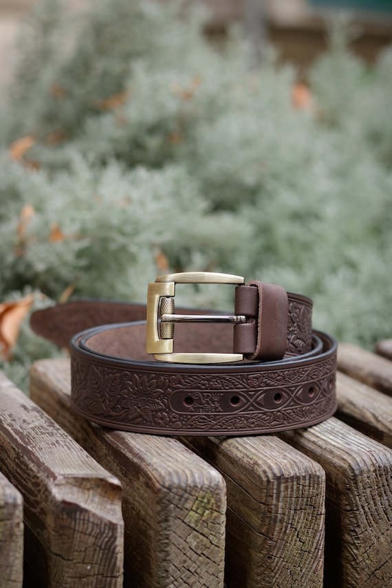 Brown Leather Belt with Embossed Flower Pattern Western Blooms Leather Belt - Brown Floral – Natural Life main image 4