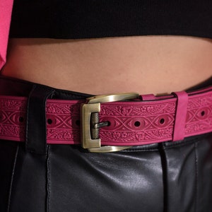 Pink leather belt, genuine leather belt, embossed leather belt, leather belt, unique belt, womens belt image 5