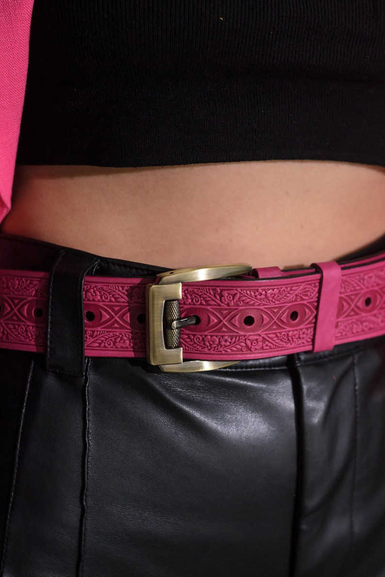 Pink leather belt, genuine leather belt, embossed leather belt, leather belt, unique belt, womens belt image 5