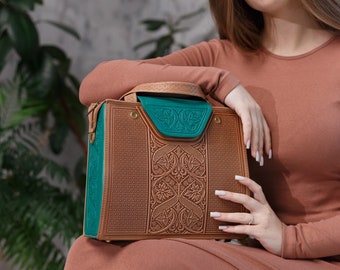 Embossed Leather Satchel Bag: Handmade Boho Handbag