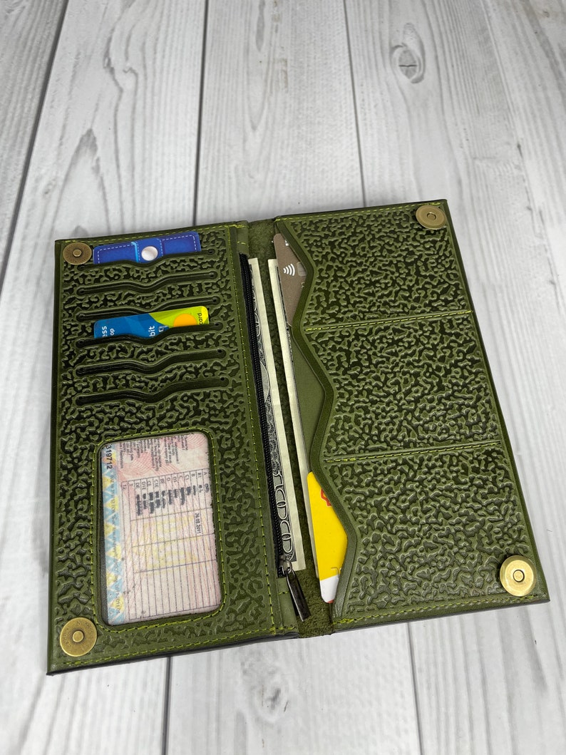 Cartera larga para mujer, Cartera de piel de oliva, Cartera de piel suave, Cartera con monedero, Cartera de mano, Cartera fina imagen 5