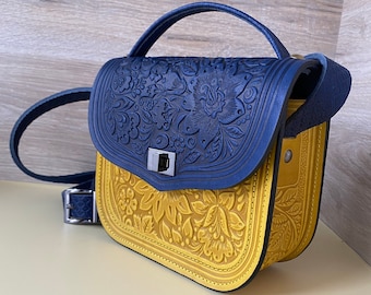Handmade Leather Crossbody Bag: Floral Tooled Shoulder Purse