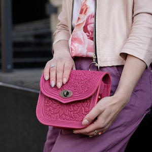 Sac en cuir rose, sac à main en cuir, sac à bandoulière, cadeau pour femme