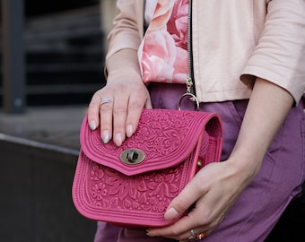 Sac en cuir rose, sac à main en cuir, sac à bandoulière, cadeau pour femme