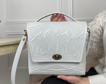 White leather satchel bag, genuine leather bag, embossed leather bag, leather brief case, crossbody purse, shoulder bag, capacious bag