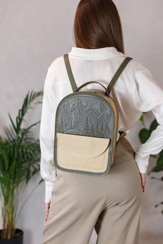 Embossed Leather Backpack: Landscape Print, Magnetic Pocket  display picture 2