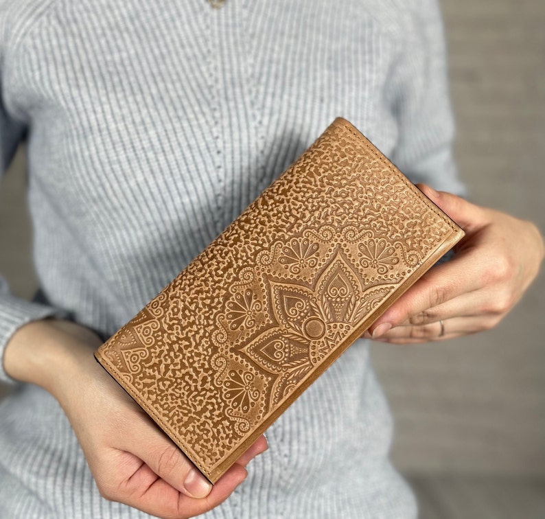 Cartera larga para mujer, Cartera de piel de oliva, Cartera de piel suave, Cartera con monedero, Cartera de mano, Cartera fina imagen 6