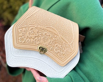 Beżowo-biała skórzana torba, torba na ramię, torebka crossbody, prezent dla niej