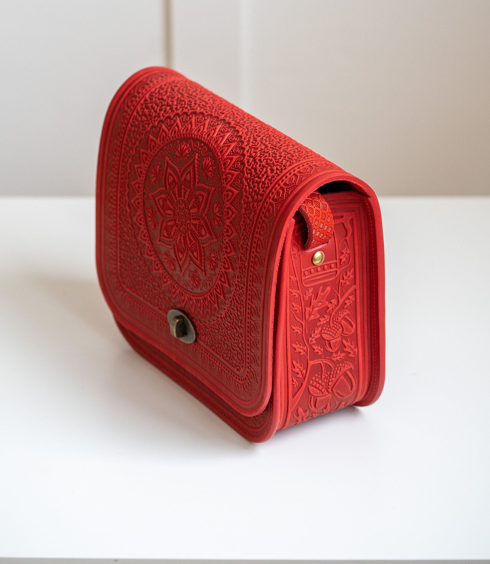 Red Leather Shoulder Bag Genuine Leather Bag Vintage Handbag