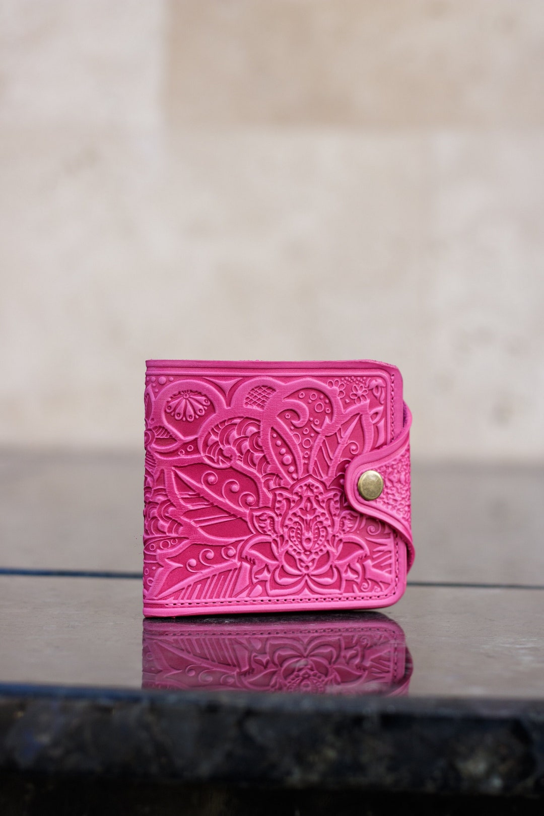 Pink Hand Wallet Handmade Pink Leather Bifold Wallet: Slim Card Holder - Etsy